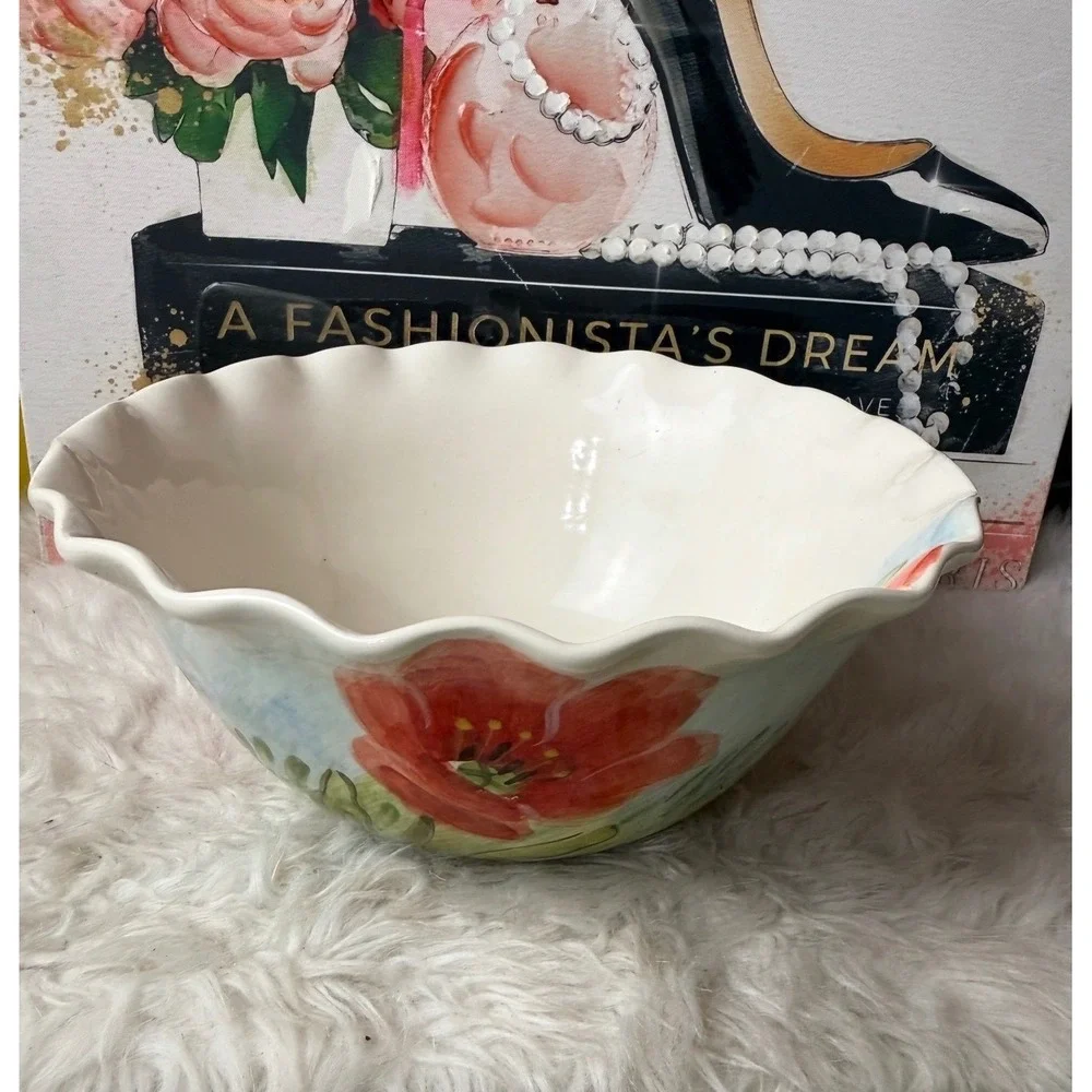 Maxcera Flowing Poppies Ceramic Serving Bowl Farmhouse Decor discontinued